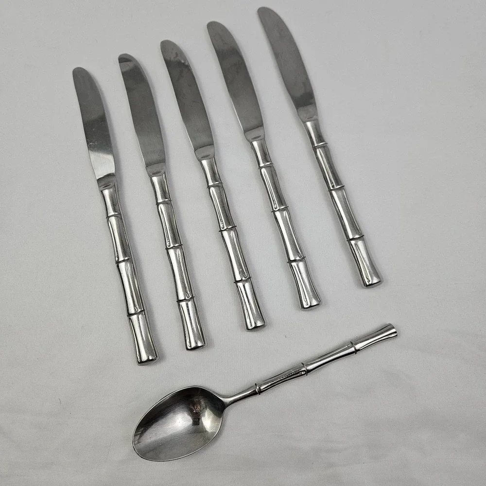 Bamboo Flatware 6 Piece KOREA Stainless Knives & Soup Spoon MCM Vintage